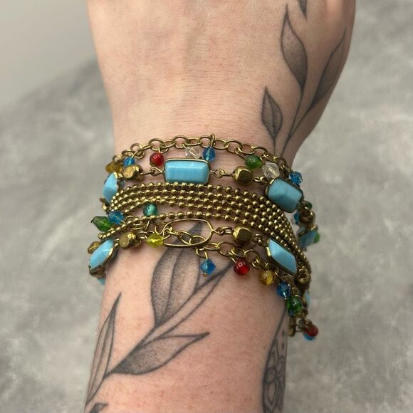 Vintage Brass Gold Tone Blue Beaded Rhinestones Chain Bracelet - Picture 4 of 14